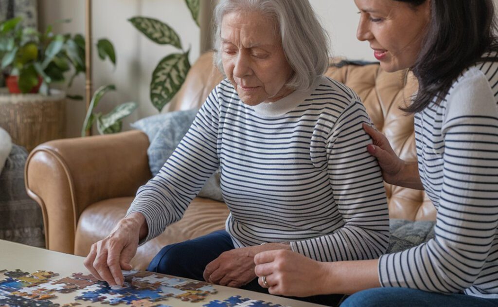 mujer con dependencia cognitiva jugando rompecabeza