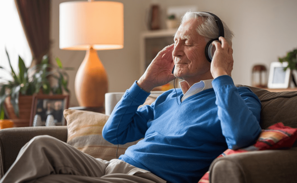 adulto mayor con alzheimer escuchando musica con audifonos