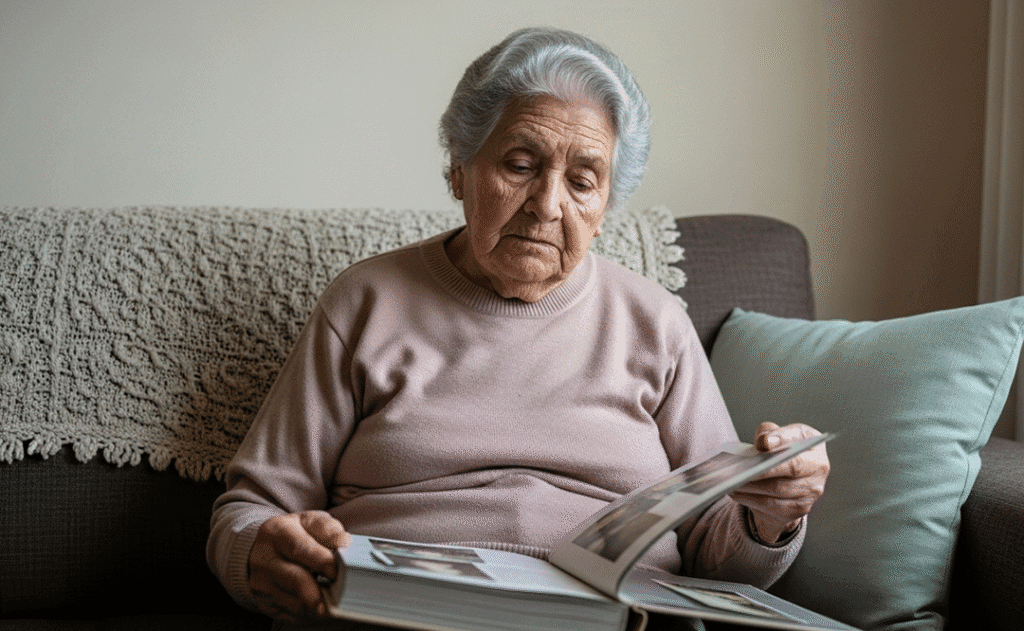 mujer con alzheimer revisando album de fotos