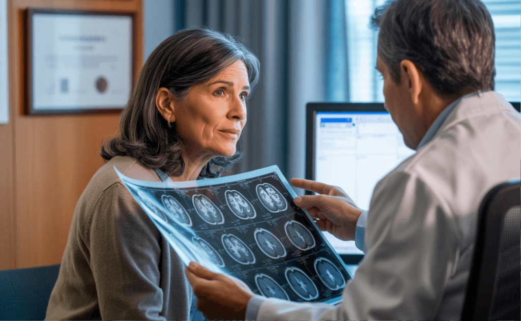mujer de 65 años consultando alzheimer con doctor