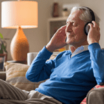 adulto mayor con alzheimer escuchando musica con audifonos