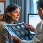 mujer de 65 años consultando alzheimer con doctor
