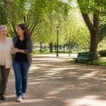 Adulta mayor caminando con su hija en un parque como hábito para cuidar la salud cerebral