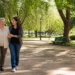Adulta mayor caminando con su hija en un parque como hábito para cuidar la salud cerebral